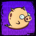 A stylized cartoon pig head with a metal clip on its ear, centered on a purple background with repeated faint 'DOOM' text and a distressed black border.