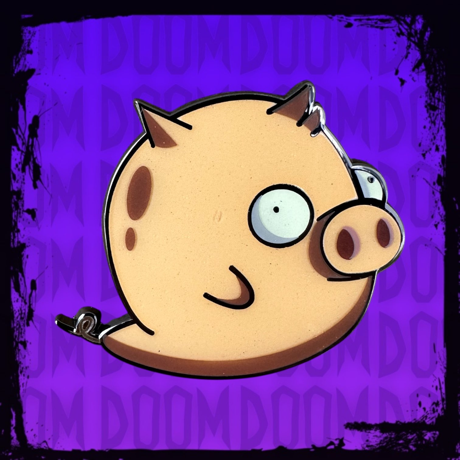 A stylized cartoon pig head with a metal clip on its ear, centered on a purple background with repeated faint 'DOOM' text and a distressed black border.